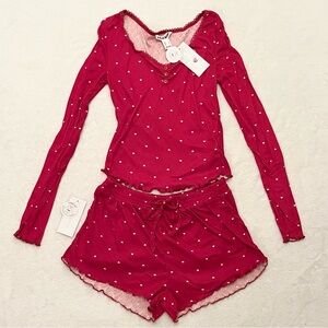Women’s Heart Print Pajama Set Long Sleeve Top & Shorts Size S NWT
